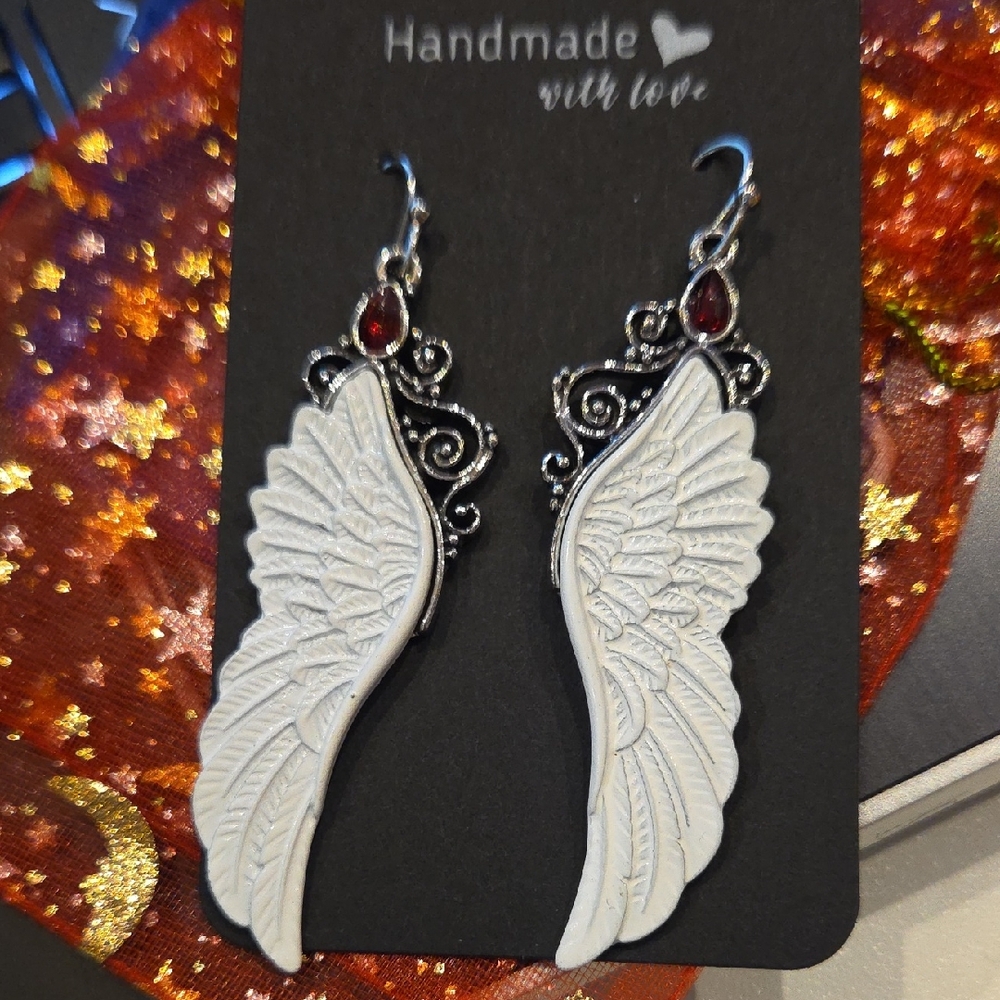 Angel Wing Earrings - White and Silver
